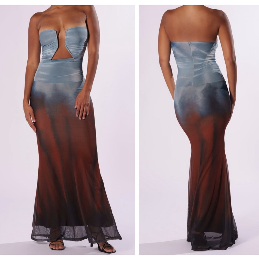 ✨NWT Strapless Ombre Mesh Maxi Dress Cutout Bodycon Glam Vacation Siren Y2K